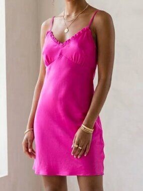 Japna Hot Pink Satin Ruffle Trim Slip Dress SZ M